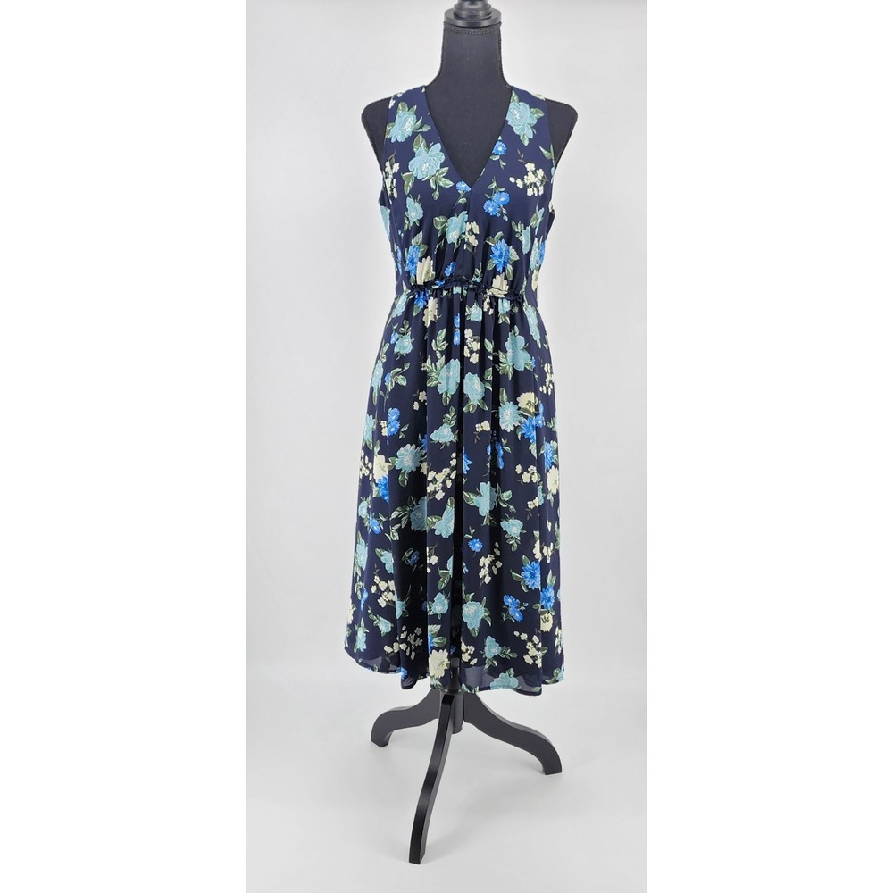 Ann Taylor Factory Navy Blue Floral V-Neck Midi Dress Size 6 Sleeveless Chiffon